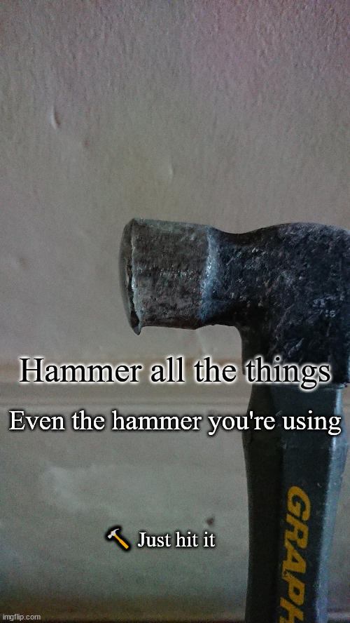 hammered | Hammer all the things; Even the hammer you're using; 🔨 Just hit it | image tagged in meme | made w/ Imgflip meme maker