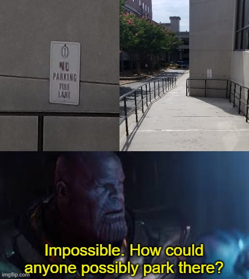 Ridiculous. | Impossible. How could anyone possibly park there? | image tagged in stupid signs,signs,no parking,thanos impossible,thanos,barney will eat all of your delectable biscuits | made w/ Imgflip meme maker