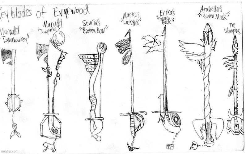 Keyblades themed around the characters of Evyrwood, IP written by my friend back in college. (Native American mythology) | image tagged in kingdom hearts,mythology,native american,fantasy,original character | made w/ Imgflip meme maker
