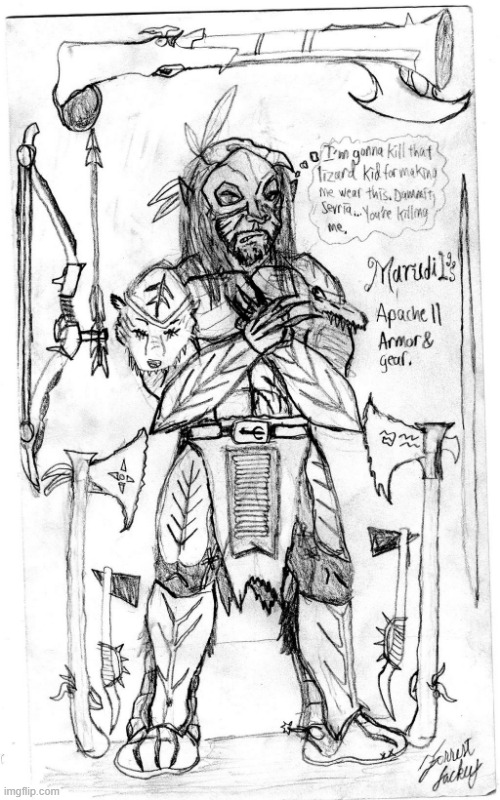 College drawing of a friend's OC given DOOM inspired armor. (Marudil 2 bears, basically a Native ELFmerican Barbarian). | image tagged in elves,native american,doom,armor,original character,fantasy | made w/ Imgflip meme maker