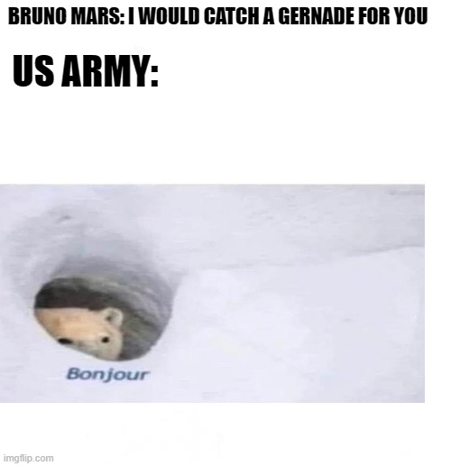 Bonjour | BRUNO MARS: I WOULD CATCH A GERNADE FOR YOU; US ARMY: | image tagged in bonjour | made w/ Imgflip meme maker