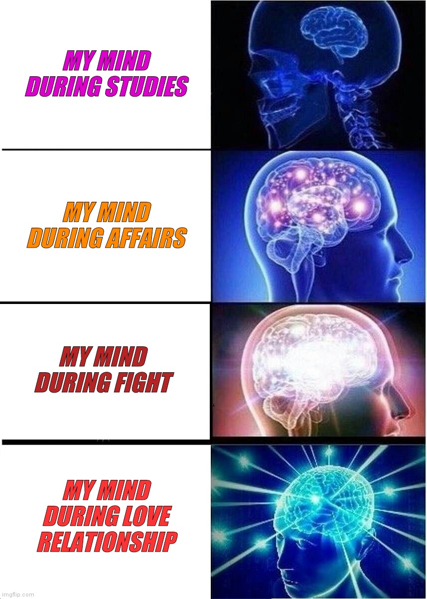 Funny memes | MY MIND DURING STUDIES; MY MIND DURING AFFAIRS; MY MIND DURING FIGHT; MY MIND DURING LOVE RELATIONSHIP | image tagged in memes,expanding brain,funny memes,waking up brain | made w/ Imgflip meme maker