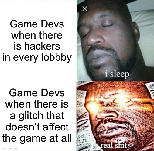 Game Devs be like: | Game Devs when there is hackers in every lobbby; Game Devs when there is a glitch that doesn’t affect the game at all | image tagged in memes,sleeping shaq,video games | made w/ Imgflip meme maker
