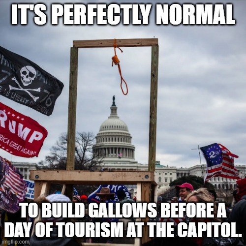 capitol riot gallows noose Pence | IT'S PERFECTLY NORMAL; TO BUILD GALLOWS BEFORE A DAY OF TOURISM AT THE CAPITOL. | image tagged in capitol riot gallows noose pence | made w/ Imgflip meme maker