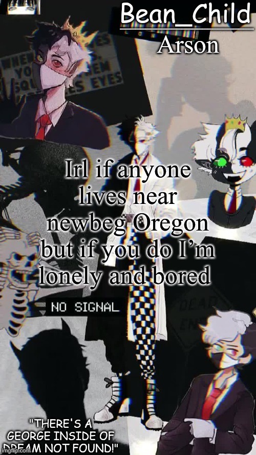 Arson; Irl if anyone lives near newbeg Oregon but if you do I’m lonely and bored | image tagged in beans raboo temp geoege | made w/ Imgflip meme maker