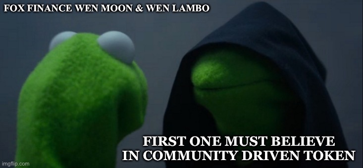 Evil Kermit Meme | FOX FINANCE WEN MOON & WEN LAMBO; FIRST ONE MUST BELIEVE IN COMMUNITY DRIVEN TOKEN | image tagged in memes,evil kermit | made w/ Imgflip meme maker