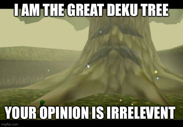 Lets make this a thing my fellow Legend of Zelda fans. | I AM THE GREAT DEKU TREE; YOUR OPINION IS IRRELEVANT | image tagged in custom template | made w/ Imgflip meme maker