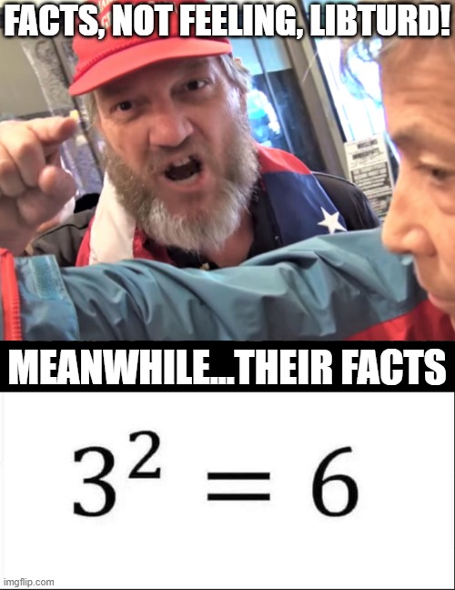 FACTS, NOT FEELING, LIBTURD! MEANWHILE...THEIR FACTS | image tagged in angry trump supporter | made w/ Imgflip meme maker