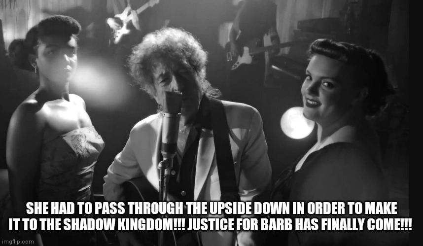 Barb & Bobby D | SHE HAD TO PASS THROUGH THE UPSIDE DOWN IN ORDER TO MAKE IT TO THE SHADOW KINGDOM!!! JUSTICE FOR BARB HAS FINALLY COME!!! | image tagged in stranger things,bob dylan | made w/ Imgflip meme maker