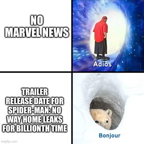 This time it’s supposedly this Thursday…. | NO MARVEL NEWS; TRAILER RELEASE DATE FOR SPIDER-MAN: NO WAY HOME LEAKS FOR BILLIONTH TIME | image tagged in adios bonjour,spider-man,marvel,marvel cinematic universe,trailer | made w/ Imgflip meme maker