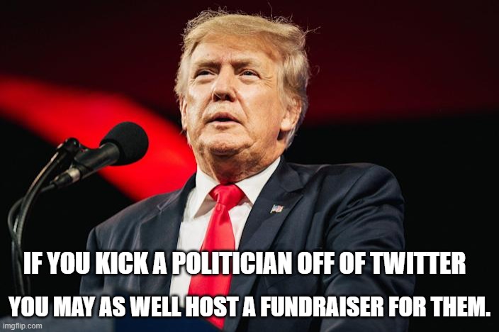 If you kick a politician off of Twitter,, | IF YOU KICK A POLITICIAN OFF OF TWITTER; YOU MAY AS WELL HOST A FUNDRAISER FOR THEM. | image tagged in twitter,trump,donald trump | made w/ Imgflip meme maker
