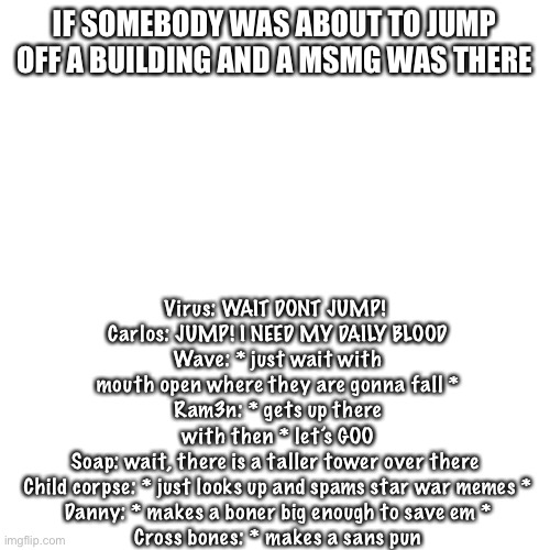 Blank Transparent Square Meme | Virus: WAIT DONT JUMP! 
Carlos: JUMP! I NEED MY DAILY BLOOD
Wave: * just wait with mouth open where they are gonna fall *
Ram3n: * gets up there with then * let’s GOO
Soap: wait, there is a taller tower over there 
Child corpse: * just looks up and spams star war memes *
Danny: * makes a boner big enough to save em *
Cross bones: * makes a sans pun; IF SOMEBODY WAS ABOUT TO JUMP OFF A BUILDING AND A MSMG WAS THERE | image tagged in memes,blank transparent square | made w/ Imgflip meme maker