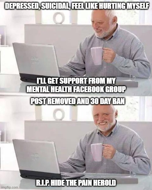 Facebook's emotional health hub.... | DEPRESSED, SUICIDAL, FEEL LIKE HURTING MYSELF; I'LL GET SUPPORT FROM MY MENTAL HEALTH FACEBOOK GROUP; POST REMOVED AND 30 DAY BAN; R.I.P. HIDE THE PAIN HEROLD | image tagged in memes,hide the pain harold,facebook,emotional | made w/ Imgflip meme maker