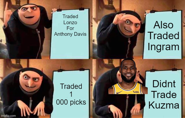 Los Angeles LeBrons | Traded Lonzo For Anthony Davis; Also Traded Ingram; Traded 1 000 picks; Didnt Trade Kuzma | image tagged in memes,gru's plan,legms plan | made w/ Imgflip meme maker