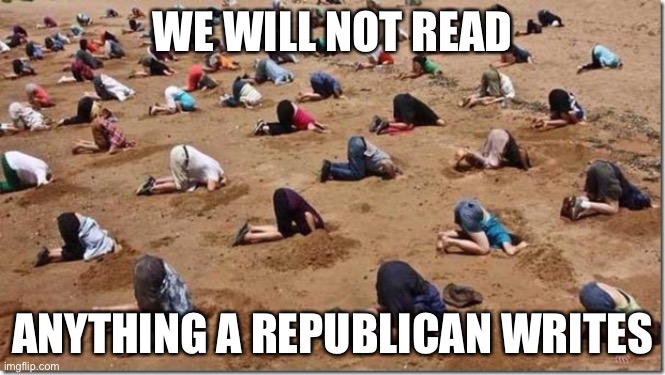 Echo chamber people | WE WILL NOT READ; ANYTHING A REPUBLICAN WRITES | image tagged in head in sand,echo chamber,liberals,political meme | made w/ Imgflip meme maker