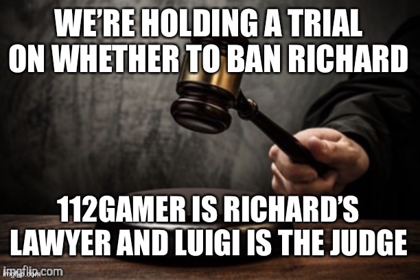 After the trial Congress will vote on the extended ban. | WE’RE HOLDING A TRIAL ON WHETHER TO BAN RICHARD; 112GAMER IS RICHARD’S LAWYER AND LUIGI IS THE JUDGE | image tagged in court,memes,politics,judge,lawyer,banned | made w/ Imgflip meme maker