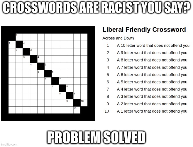 Amazingly, they still haven't found the lower limits of "woke" | CROSSWORDS ARE RACIST YOU SAY? PROBLEM SOLVED | image tagged in woke | made w/ Imgflip meme maker