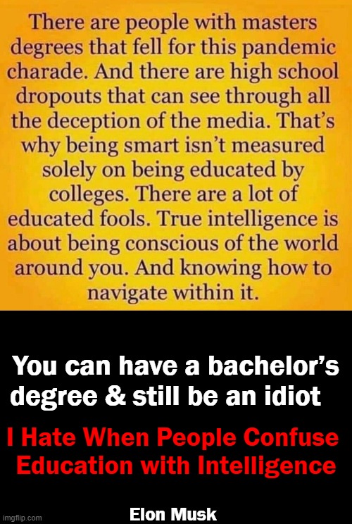 There Are a Lot of Educated Fools | You can have a bachelor’s
degree & still be an idiot; I Hate When People Confuse 

Education with Intelligence; Elon Musk | image tagged in politics,higher education,intelligence,iq,fools,degree | made w/ Imgflip meme maker