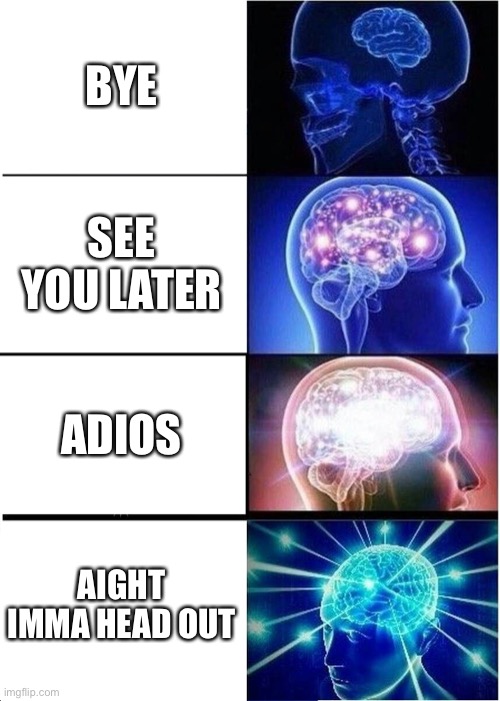 Adios | BYE; SEE YOU LATER; ADIOS; AIGHT IMMA HEAD OUT | image tagged in memes,expanding brain,adios,aight ima head out,tags | made w/ Imgflip meme maker