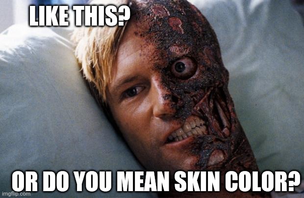 Two Face | LIKE THIS? OR DO YOU MEAN SKIN COLOR? | image tagged in two face | made w/ Imgflip meme maker