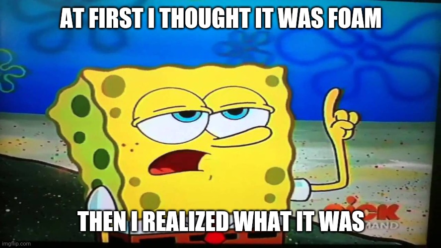 spongebob ill have you know  | AT FIRST I THOUGHT IT WAS FOAM THEN I REALIZED WHAT IT WAS | image tagged in spongebob ill have you know | made w/ Imgflip meme maker