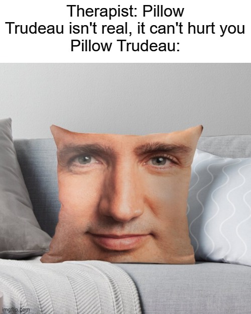 Therapist: Pillow Trudeau isn't real, it can't hurt you
Pillow Trudeau: | made w/ Imgflip meme maker