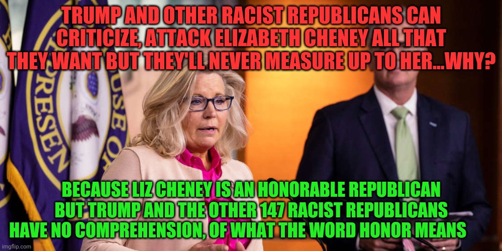 Liz Cheney Kevin McCarthy | TRUMP AND OTHER RACIST REPUBLICANS CAN CRITICIZE, ATTACK ELIZABETH CHENEY ALL THAT THEY WANT BUT THEY'LL NEVER MEASURE UP TO HER...WHY? BECAUSE LIZ CHENEY IS AN HONORABLE REPUBLICAN BUT TRUMP AND THE OTHER 147 RACIST REPUBLICANS HAVE NO COMPREHENSION, OF WHAT THE WORD HONOR MEANS | image tagged in liz cheney kevin mccarthy | made w/ Imgflip meme maker