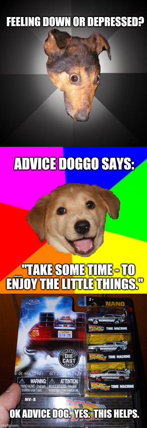 It's about time.... | FEELING DOWN OR DEPRESSED? ADVICE DOGGO SAYS:; _"TAKE SOME TIME - TO ENJOY THE LITTLE THINGS."; OK ADVICE DOG.  YES.  THIS HELPS. | image tagged in memes,depression dog,advice dog | made w/ Imgflip meme maker