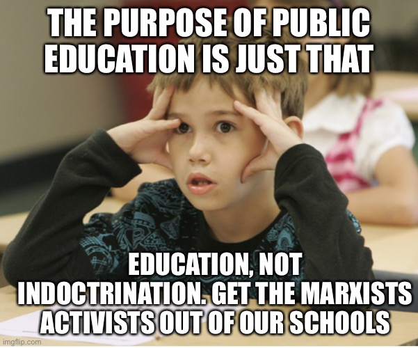 http://educational-alternatives.net/welcome/wp-content/uploads/2 |  THE PURPOSE OF PUBLIC EDUCATION IS JUST THAT; EDUCATION, NOT INDOCTRINATION. GET THE MARXISTS ACTIVISTS OUT OF OUR SCHOOLS | image tagged in public schools,education not indoctrination,marxist teachers,leftist lies,1619 and crt teach hate | made w/ Imgflip meme maker