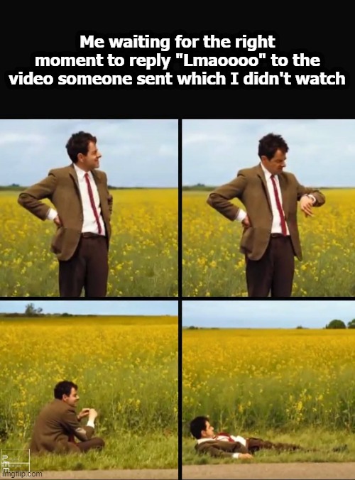 Reply waiting | Me waiting for the right moment to reply "Lmaoooo" to the video someone sent which I didn't watch | image tagged in mr bean waiting | made w/ Imgflip meme maker