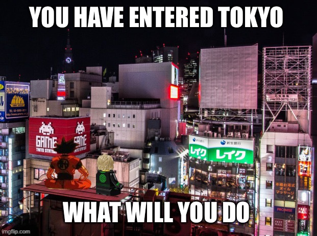 Goku and Lloyd chilling | YOU HAVE ENTERED TOKYO; WHAT WILL YOU DO | image tagged in goku and lloyd chilling | made w/ Imgflip meme maker