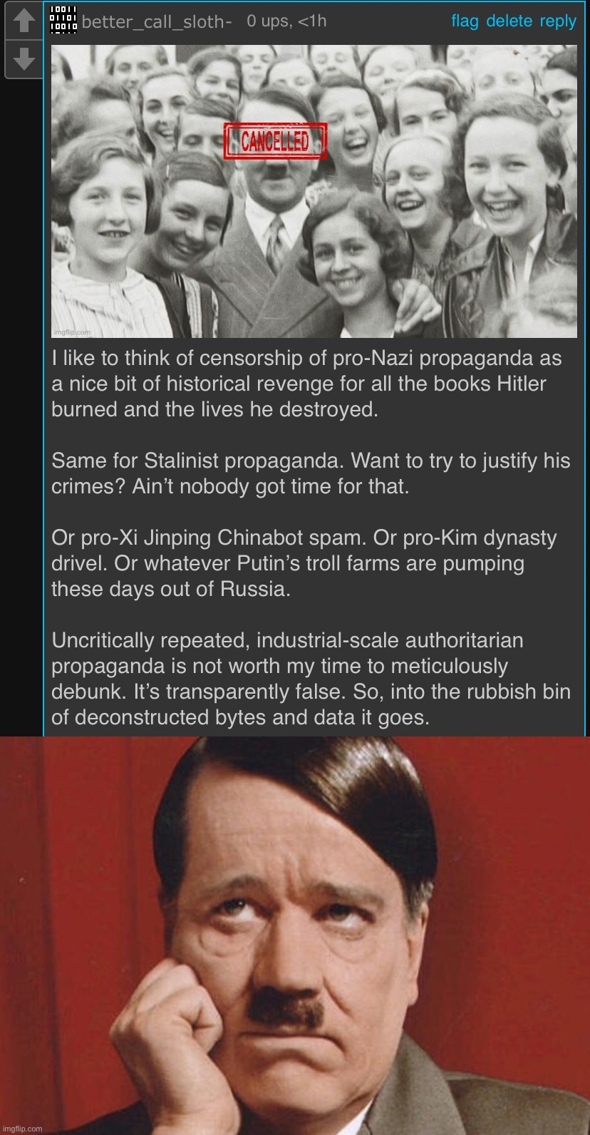 Mod note: You won’t find pro-Hitler or pro-Stalin propaganda here. If you want it, you can find it on improperly-modded forums. | image tagged in kyliefan roast fascist propaganda,sad hitler,fascism,propaganda,hitler,sounds like communist propaganda | made w/ Imgflip meme maker