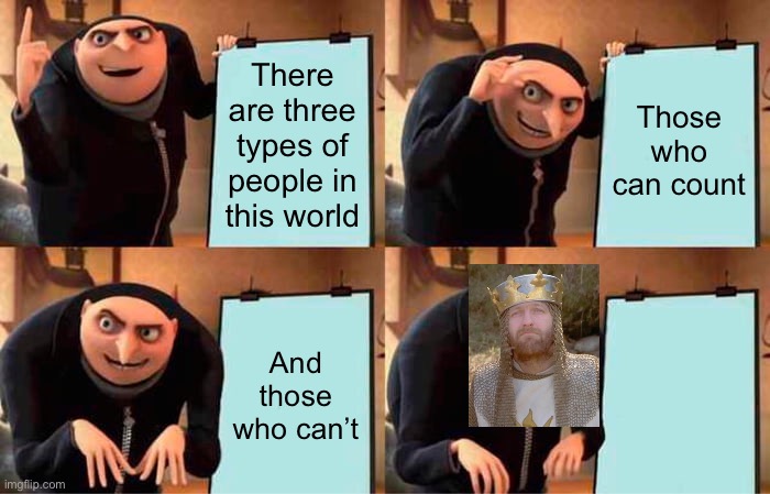 One, two, five! (Three my liege, three!) | There are three types of people in this world; Those who can count; And those who can’t | image tagged in memes,gru's plan,monty python,monty python and the holy grail | made w/ Imgflip meme maker