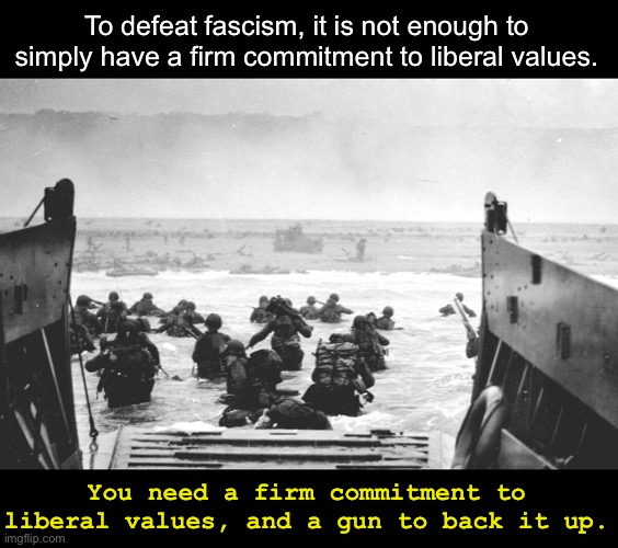 Hitler wasn’t persuaded by international law and treaties. He recognized only one form of persuasion. | To defeat fascism, it is not enough to simply have a firm commitment to liberal values. You need a firm commitment to liberal values, and a gun to back it up. | image tagged in d-day landing | made w/ Imgflip meme maker