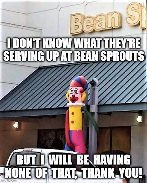 Inappropriate Wacky Waving Inflatable Tube Clown | I DON'T KNOW WHAT THEY'RE SERVING UP AT BEAN SPROUTS; BUT  I  WILL  BE  HAVING  NONE  OF  THAT,  THANK  YOU! | image tagged in wacky,waving,inflatable,clown,inappropriate | made w/ Imgflip meme maker