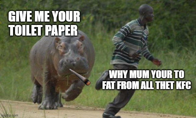 hippo chase | GIVE ME YOUR TOILET PAPER; WHY MUM YOUR TO FAT FROM ALL THET KFC | image tagged in hippo chase | made w/ Imgflip meme maker