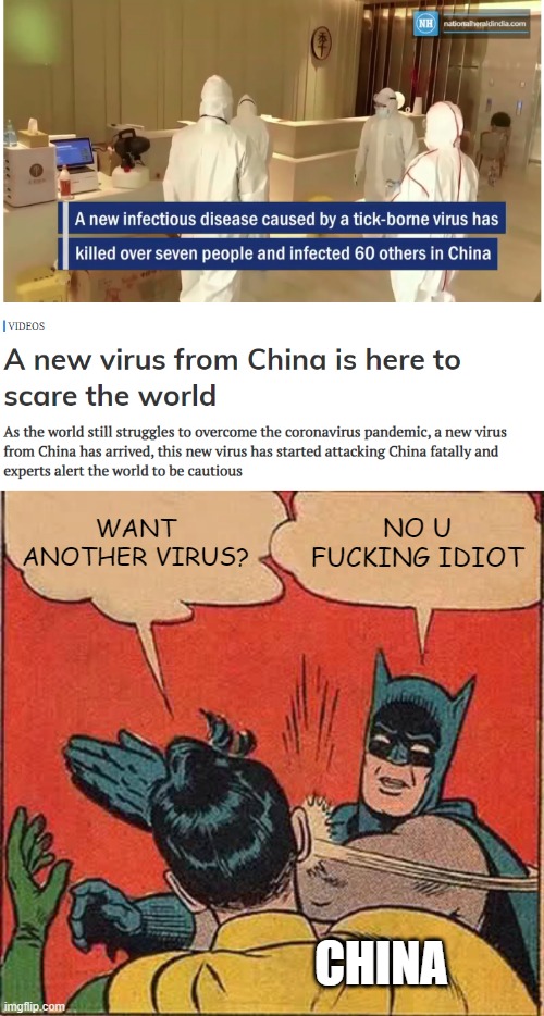 oh no | WANT ANOTHER VIRUS? NO U FUCKING IDIOT; CHINA | image tagged in memes,batman slapping robin,coronavirus,coronavirus meme,china,world | made w/ Imgflip meme maker