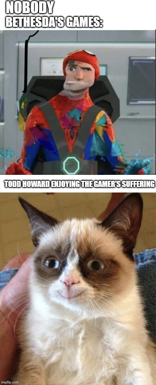 why i hate bethesda | NOBODY; BETHESDA'S GAMES:; TODD HOWARD ENJOYING THE GAMER'S SUFFERING | image tagged in memes,grumpy cat happy,grumpy cat,spiderman peter parker,bethesda | made w/ Imgflip meme maker