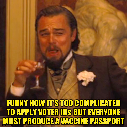 Laughing Leo Meme | s FUNNY HOW IT'S TOO COMPLICATED
TO APPLY VOTER ID    BUT EVERYONE
MUST PRODUCE A VACCINE PASSPORT | image tagged in memes,laughing leo | made w/ Imgflip meme maker