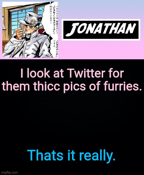 I look at Twitter for them thicc pics of furries. Thats it really. | image tagged in jonathan part 5 | made w/ Imgflip meme maker