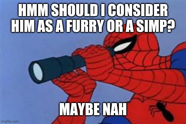 Spiderman binoculars | HMM SHOULD I CONSIDER HIM AS A FURRY OR A SIMP? MAYBE NAH | image tagged in spiderman binoculars | made w/ Imgflip meme maker