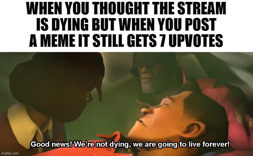 Good news! We're not dying, we are going to live forever! | WHEN YOU THOUGHT THE STREAM IS DYING BUT WHEN YOU POST A MEME IT STILL GETS 7 UPVOTES | image tagged in good news we're not dying we are going to live forever | made w/ Imgflip meme maker