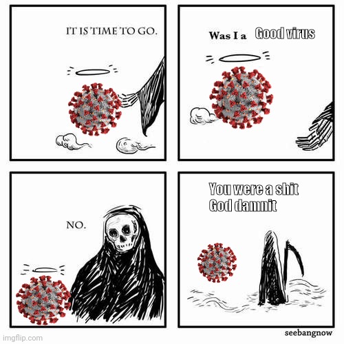 It is time to go | Good virus; You were a shit

God damnit | image tagged in it is time to go,meme | made w/ Imgflip meme maker