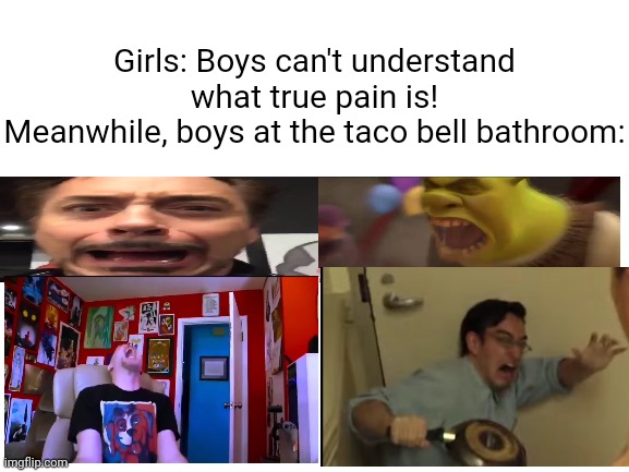 Blank White Template | Girls: Boys can't understand what true pain is!
Meanwhile, boys at the taco bell bathroom: | image tagged in robert downey jr,shrek screaming,doug walker,confused screaming,taco bell,funny memes | made w/ Imgflip meme maker