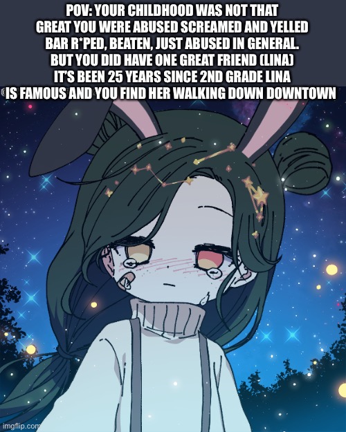 POV: YOUR CHILDHOOD WAS NOT THAT GREAT YOU WERE ABUSED SCREAMED AND YELLED BAR R*PED, BEATEN, JUST ABUSED IN GENERAL. BUT YOU DID HAVE ONE GREAT FRIEND (LINA) IT’S BEEN 25 YEARS SINCE 2ND GRADE LINA IS FAMOUS AND YOU FIND HER WALKING DOWN DOWNTOWN | image tagged in bean oc luna | made w/ Imgflip meme maker