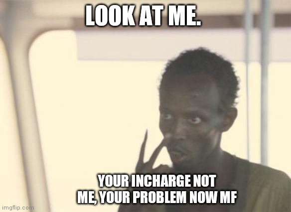 Look at me | LOOK AT ME. YOUR INCHARGE NOT ME, YOUR PROBLEM NOW MF | image tagged in memes,i'm the captain now | made w/ Imgflip meme maker