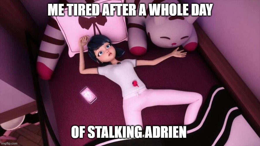 Miraculous Ladybug Marinette In bed | ME TIRED AFTER A WHOLE DAY; OF STALKING ADRIEN | image tagged in miraculous ladybug marinette in bed,miraculous ladybug | made w/ Imgflip meme maker