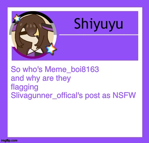 So who's Meme_boi8163 and why are they flagging Slivagunner_offical's post as NSFW | image tagged in iujhjhhgutttctfct | made w/ Imgflip meme maker