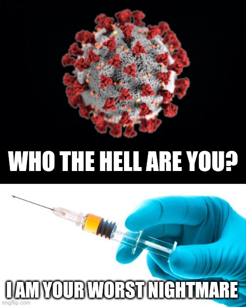 some random COVID-19 vs Vaccine meme | WHO THE HELL ARE YOU? I AM YOUR WORST NIGHTMARE | image tagged in black background,syringe vaccine medicine,coronavirus,covid-19,vaccines,memes | made w/ Imgflip meme maker