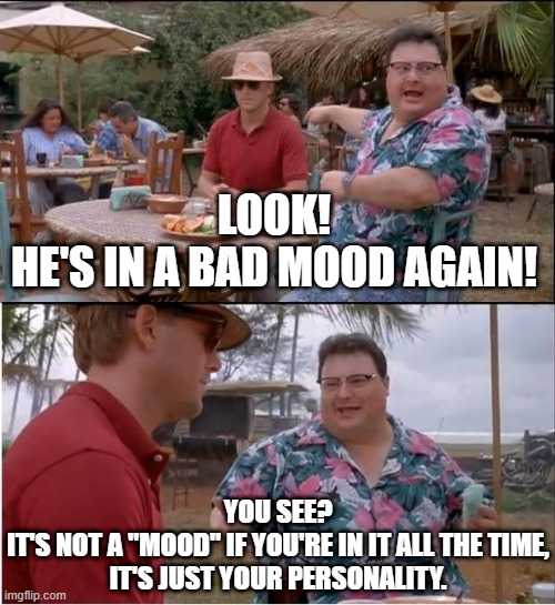 Bad Personality |  LOOK!
HE'S IN A BAD MOOD AGAIN! YOU SEE?
IT'S NOT A "MOOD" IF YOU'RE IN IT ALL THE TIME,
IT'S JUST YOUR PERSONALITY. | image tagged in memes,see nobody cares,bad mood,attitude | made w/ Imgflip meme maker